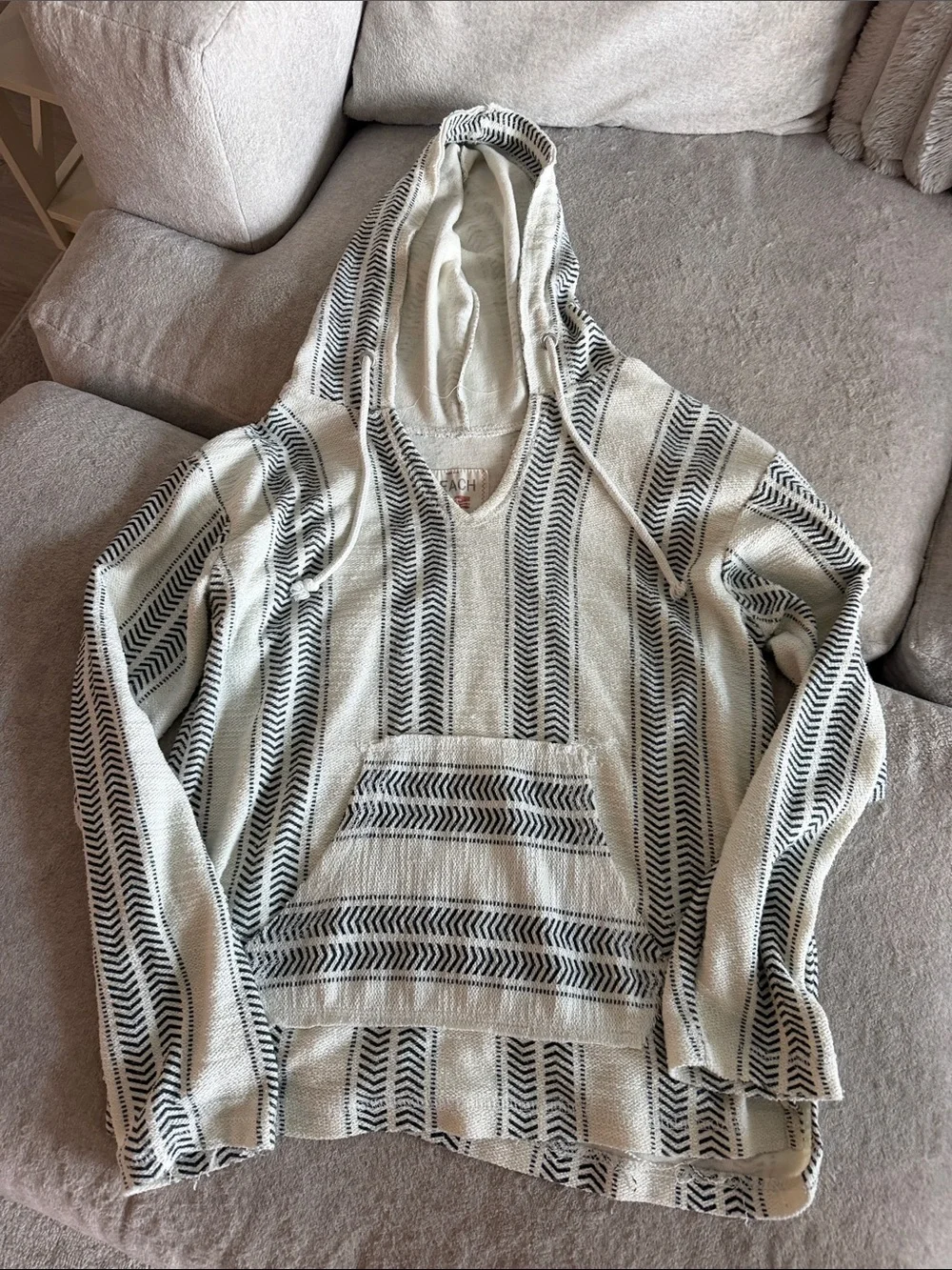 Beach By Exist Cream & Black Striped V-Neck Hooded Sweater